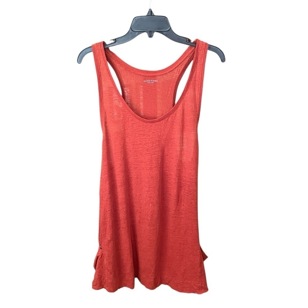 Eileen Fisher 100% linen slouch racer back tunic tank pockets LARGE burnt orange